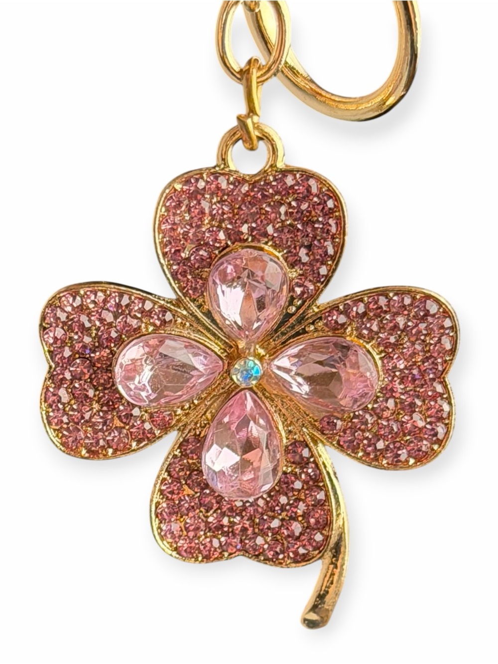 Gold-Tone Pink Clover Crystal Keychain Pendant